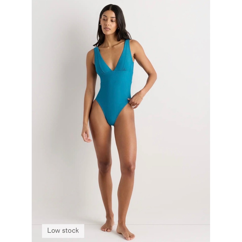 Quince plunge Deep V One Piece Swimsuit large Teal Blue UPF 50 Recycled beach